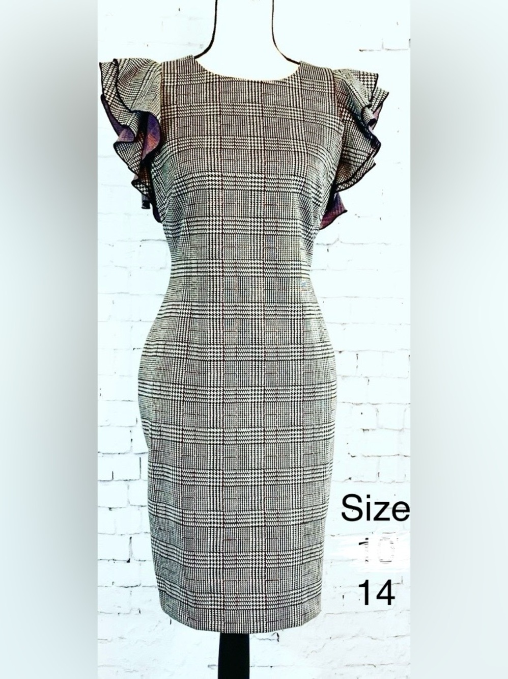 Tommy Hilfiger Black & White Plaid Sheath Dress with Ruffle Sleeves